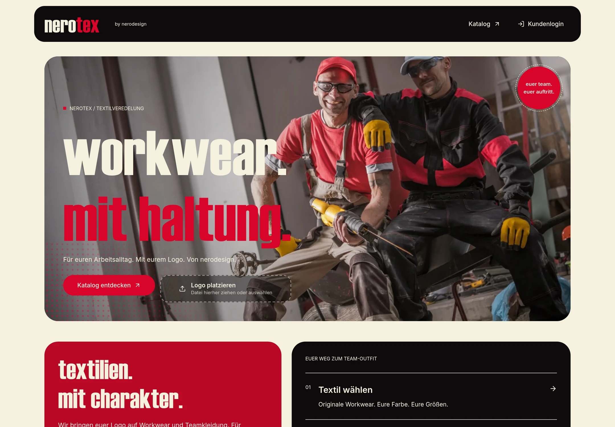 NEROTEX-Startseite mit Workwear, zwei Bauarbeitern und dem Schriftzug workwear. mit haltung.